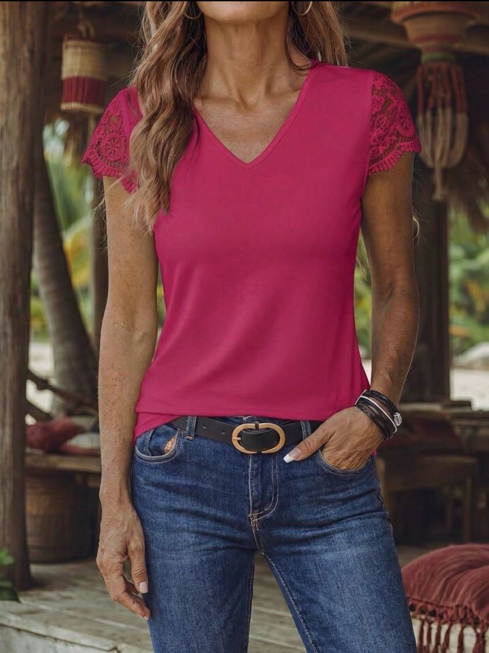 NWOT Dark Pink VNeck w/Crocket Sleeves, size Juniors Medium